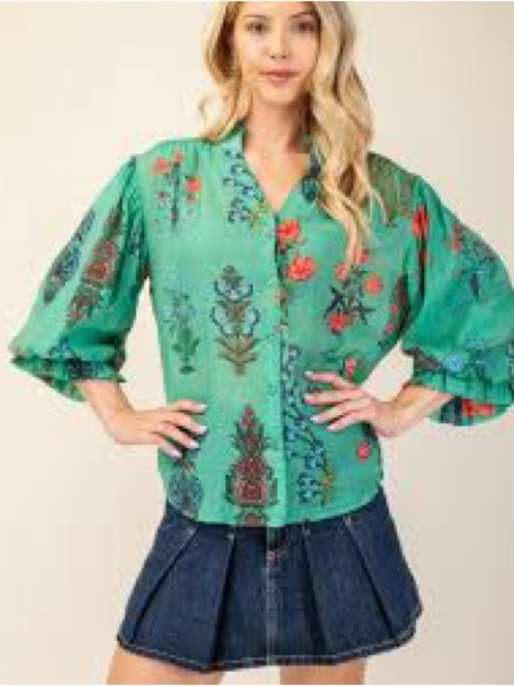 GoGiO ~ Green Floral Button-Front Puff Sleeve Blouse